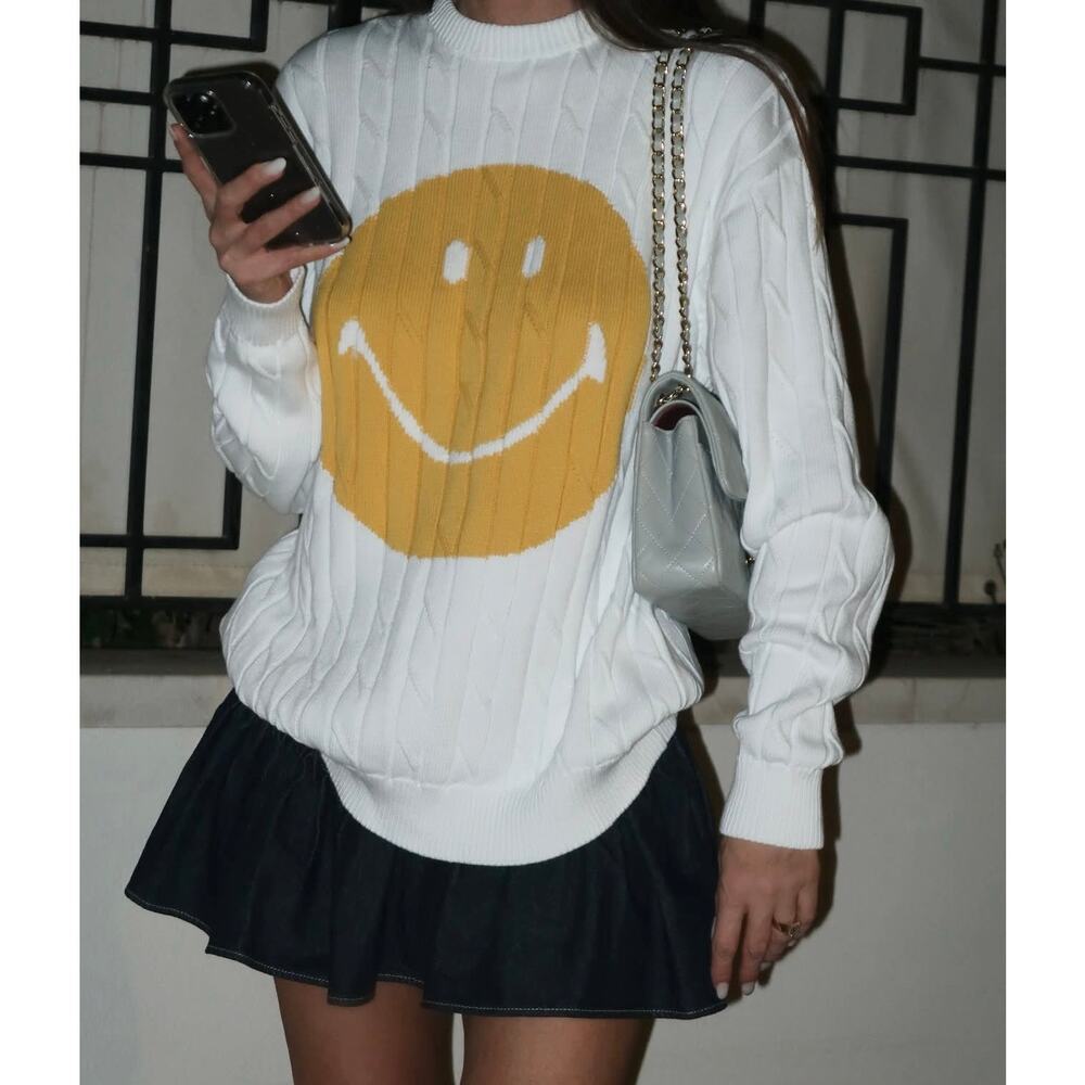 Joshua Sanders x Smiley Unisex Smile Chunky Cable Knit Sweater Crew Neck, White